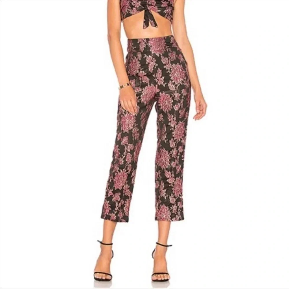 For Love & Lemons Pink Floral High-Waist Cropped Pants
